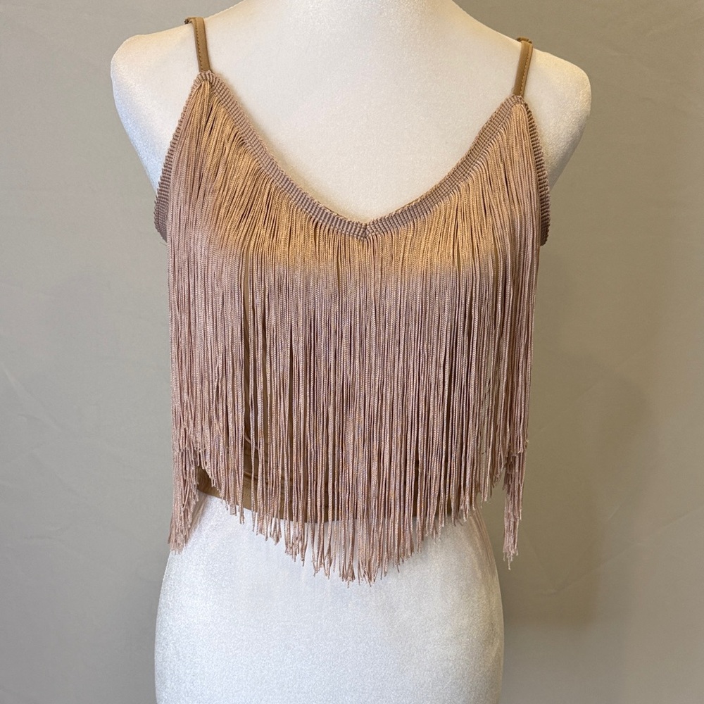 Fringe V-Neck Cropped Tank Top - Taupe